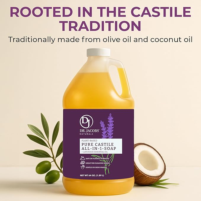 Dr. Jacobs Naturals Pure Castile Soap 64 oz Value Size - Lavender - Made in USA - All-in-One Plant-Based Multipurpose Cleaner for Floors Counters Dishes &amp Laundry Gentle on Skin Biodegradable