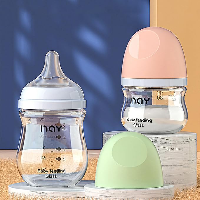 Natural Glass Baby Bottle Wide Neck Newborn Anti-Colic Baby Bottle Clear 3oz(Pack of 4) Includes 4Pcs Slow Flow Nipple(SS) 0 Months+
