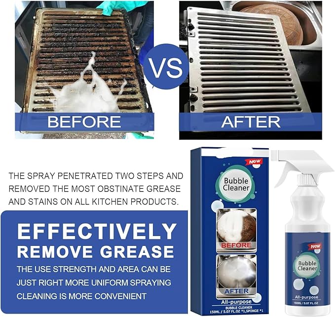 Kitchen Grease Foam Cleaner - Heavy-Duty Degreaser For Stove Hood Exhaust Pipe Walls &amp Cookware - Spray &amp Wipe For Stubborn Oil Stains(3PCS)