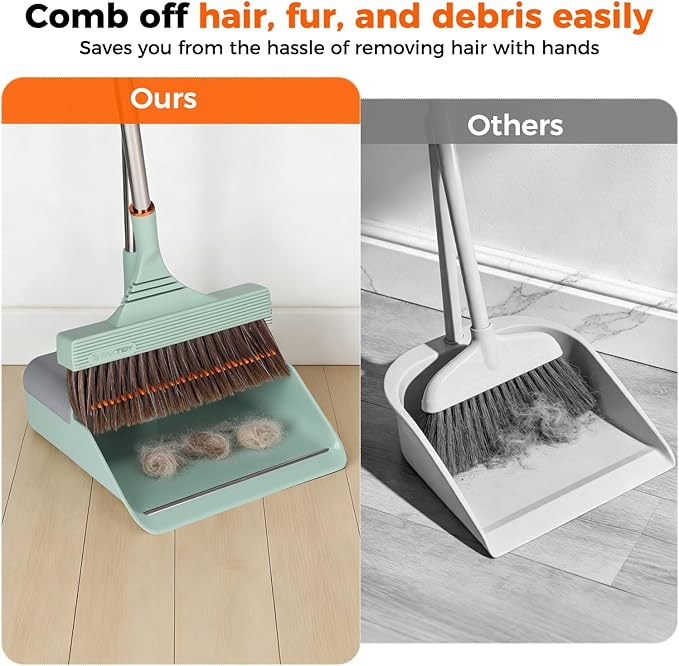 Broom and Dustpan Set with Adjustable Handle Upright Design Built-in Comb Teeth Mint Green for Home Office Hardwood Floors Pet Hair (Green/Gray)