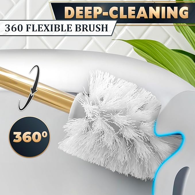 Gold Stainless Steel Toilet Brush with Crystal Toilet Brush Holder Set – Wall Mounted Holder Replaceable Head Decorative Space-Saving Design Bathroom Toilet Accessory Elegant Toilet Bowl Cleaner Set