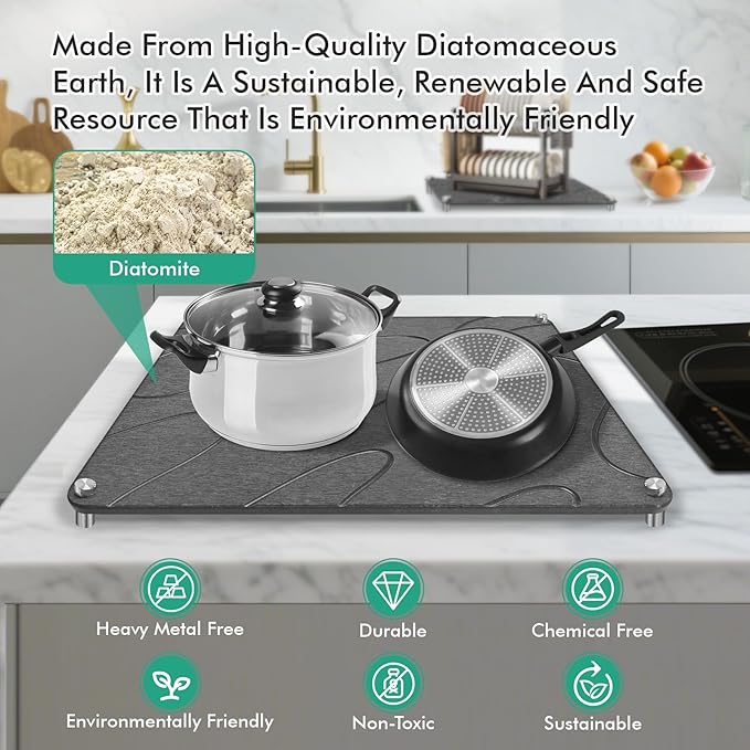 Stone Drying Mat For Kitchen Counter Superb Absorbent Diatomaceous Earth Mats with Non-Slip Feet Quick Dry Stone Dish Drying Pad Dish Pad Multi-Purpose(Flow Line-DarkGrey 15.7 x 11.8)
