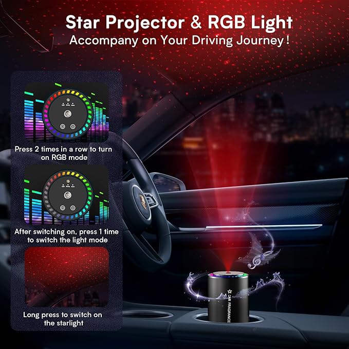 Smart Car Air Freshener New Ultrasonic Car Diffuser Star Projector &amp RGB Voice-Activated 5S Full Odor Clean 3 Mode &amp Auto On/Off 50ML Refillable Scent Long Lasting Up to 135 Days - Ocean