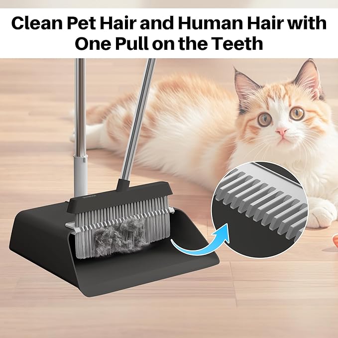 JOYMOOP Black Broom and Dustpan Set Upright Angle Design with Built-in Comb Teeth for Home Office Hardwood Floors Pet Hair