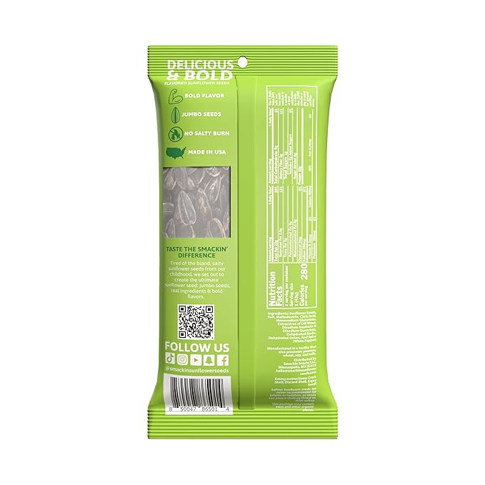 SMACKIN' Sunflower Seeds Roasted Jumbo Small-Batch American Made - Dill Pickle. 1.5oz bags (6 Pack)