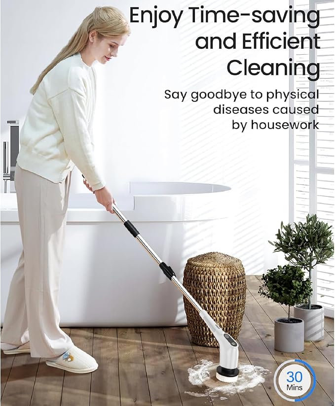 APLUSH Electric Spin Scrubber Cordless Cleaning Brush Scrubber for Home 8 Replaceable Brush Heads Shower Scrubber with Adjustable Extension Handle for Cleaning FloorsBathtubsTiles Sink