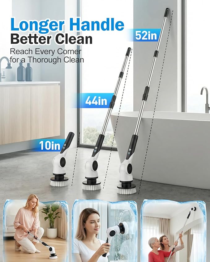 Electric Spin Scrubber 3-Speed Cordless Shower Scrubber with 90° Adjustable &amp 10 Replaceable Brush Heads 90 Mins Runtime &amp Full-Body IPX7 Waterproof Shower Cleaner Brush with Long Handle