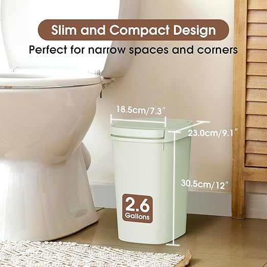 CEROELDA 3 Pack Bathroom Trash Can with Lid 10L/2.6 Gal Small Garbage Can with Press Top Lid Slim Plastic Waste Basket for Toilet Office Bedroom (Green)