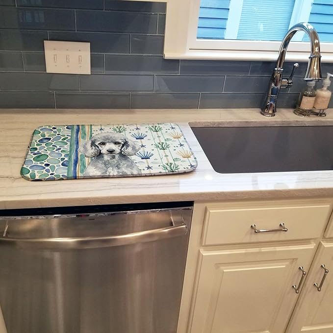 Caroline's Treasures Standard Silver Poodle Coastal Sea Glass Dish Drying Mat Absorbent Dish Drying Mat Pad for Kitchen Counter Dish Drainer Mat for Countertop 14 x 21 Multicolor