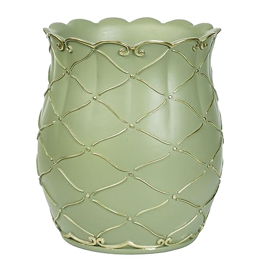 Touch of Class Angelitta Green Decorative Wastebasket | Handpainted Resin Trash Can with Gold Accents Diamond Lattice &amp Scroll Motifs | Elegant Classic Home Decor Accent | 9 Dia. x 10 H