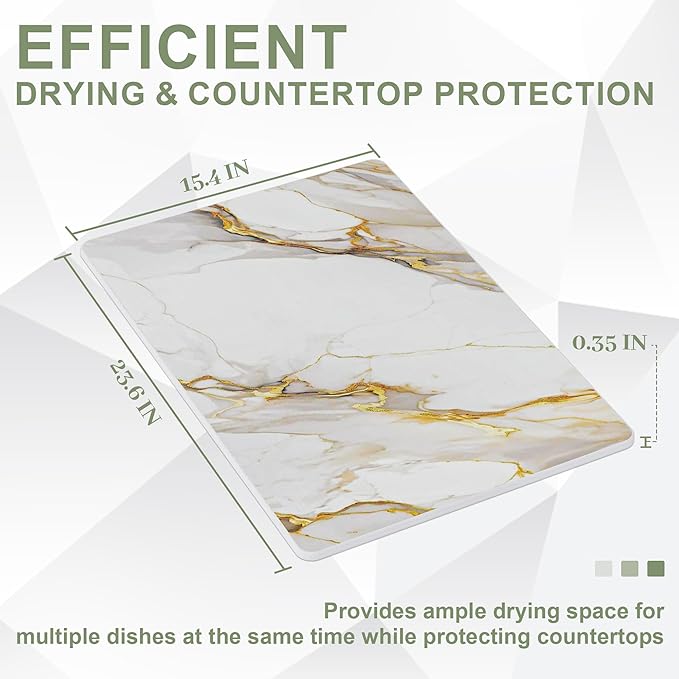 Large Stone Drying Mat for Kitchen Counter 24 × 16 Diatomite Dish Drying Mat Quick Dry Stone Mats Ultra Absorbent Natural Diatomaceous Earth Mats for Dished Bottles White Marble