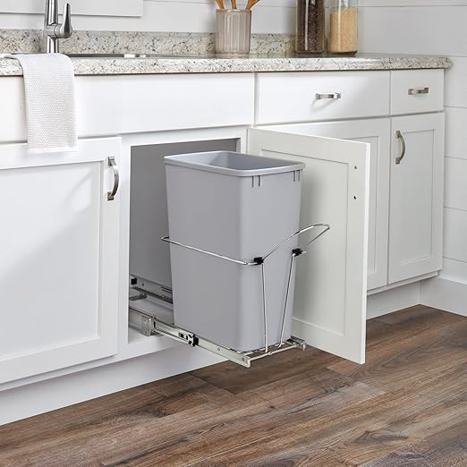 Rev-A-Shelf 32 Qt Pullout Kitchen Cabinet Metal Wire Sliding Universal Trash Can with Rear Basket for Waste Disposal and Organization RUKD-1432RB-1