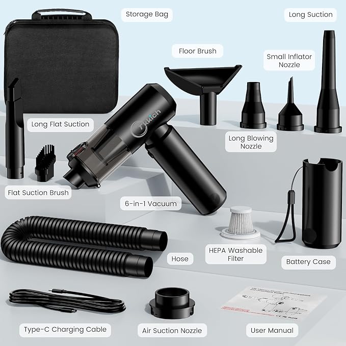 Cordless Car Vacuum Cleaner with Removable Battery as 35W Power Bank 6-in-1 Handheld Vacuum Blower Set18000PA Mini Vacuum Cleaner 6000mAH with Brushless Motor for Car Home -1 Battery