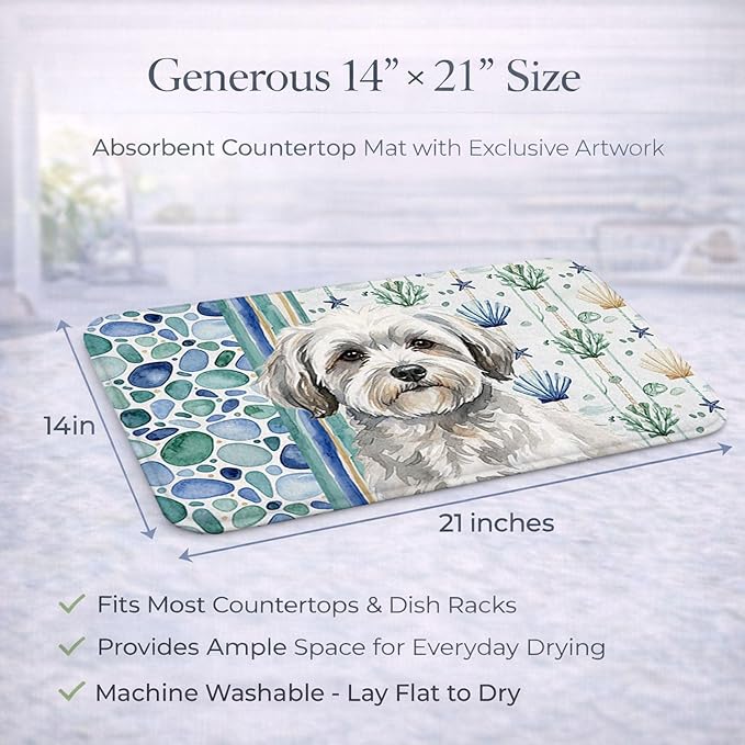 Caroline's Treasures White with Gray Coton de Tulear Coastal Sea Glass Dish Drying Mat Absorbent Dish Drying Mat Pad for Kitchen Counter Dish Drainer Mat for Countertop 14 x 21 Multicolor