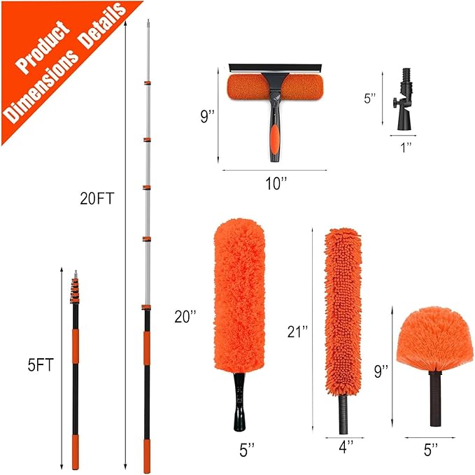 26FT High Ceiling Duster Kits with 5-20FT Telescoping Extension Pole - Fan Blade Cleaner Cobweb Remover &amp Window Cleaning Kit Washable Dust Brush for High Roof and Glass Surfaces