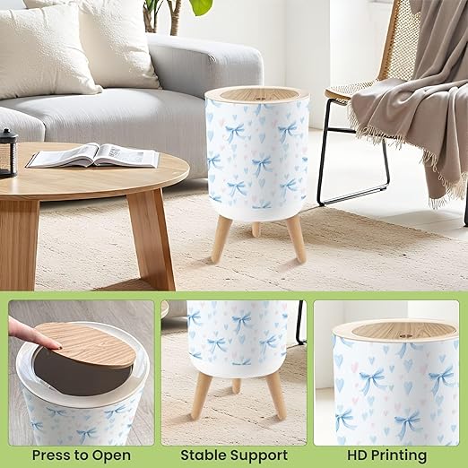 Bathroom Trash Can with Lid Blue Coquette Ribbon Bow Seamless White Soft Girl Aesthetic Repeat Garbage Bin Waste Basket for Kitchen Office Bedroom Decoration Diaper Pail 1.8 Gallon