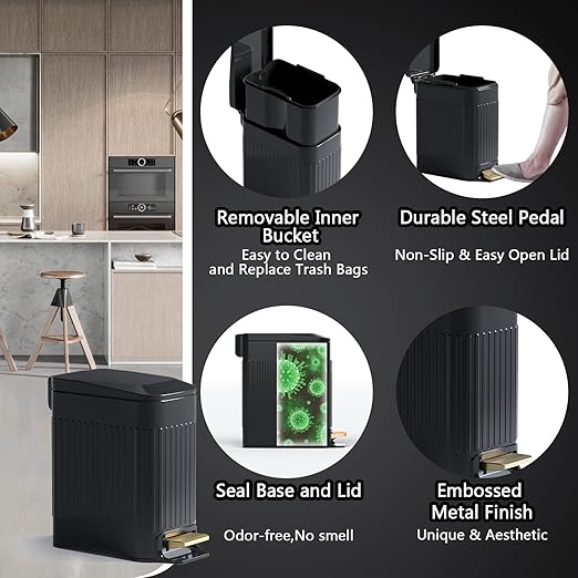Small Bathroom Trash Can with Lid Soft Close-6L/1.6 Gal Slim Step Garbage Can-Metal Pedal Wastebasket-Narrow Rectangle Garbage Container Bin for Corner Office Bedroom Toilet Live Room-Black