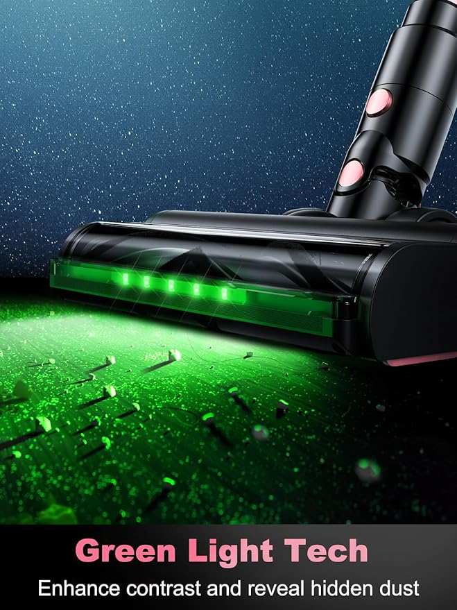 Cordless Vacuum Cleaner40Kpa 8 in 1 Powerful Stick Vacuum with Anti-Tangle Brush and Upgraded Green Light 45mins Runtime Rechargeable Lightweight Vacuums for Hardwood Floor Pet Hair (Pink)