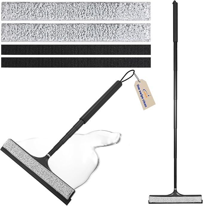 Shower Squeegee with Long Handle Telescoping Window and Floor Extendable Squeegee for Shower Glass Bathroom Surfaces Mirrors and Smooth Floors Includes Replaceable and Washable Cloth Pads