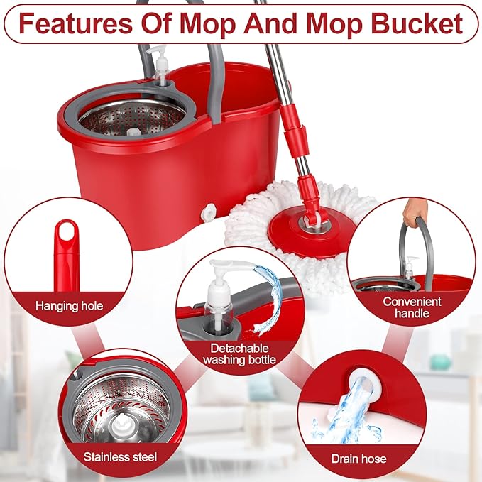 Spin Mop and Bucket with Wringer Set 360° Spinning Mop Bucket System with 3 Microfiber Mop Replacement Heads and 61 Stainless Steel Adjustable Handle for Floor Cleaning (20QT)