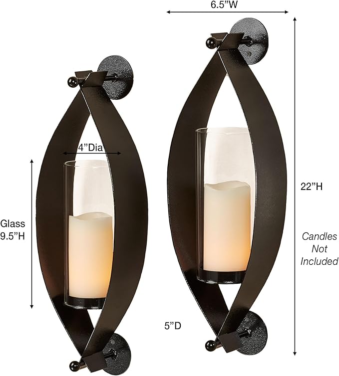 Touch of Class Xander Wall Sconce Pair - Handcrafted Steel - Black - Glass Hurricane - Set of 2 - Metal Sconces Holder for Bedroom Bathroom Living Room Kitchen Walls Hallways