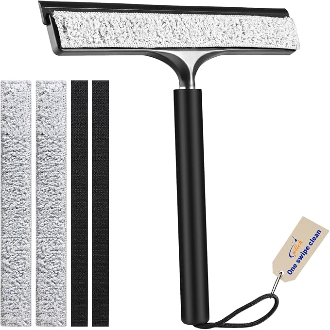 Shower Squeegee with Long Handle Telescoping Window and Floor Extendable Squeegee for Shower Glass Bathroom Surfaces Mirrors and Smooth Floors Includes Replaceable and Washable Cloth Pads