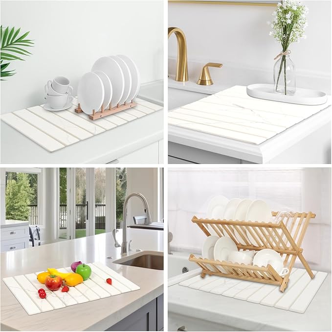 Large Stone Drying Mat for Kitchen Counter - 24x16Quick Drying Fast Absorbent Non-Slip kitchen Dish Drying Mats Friendly Foldable Diatomaceous Earth Mats for Dishes CupsMatch Any Countertop