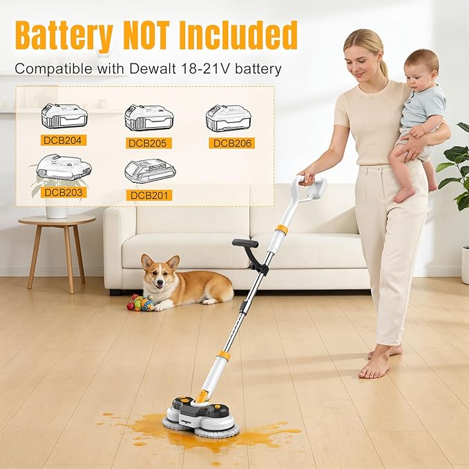 Cordless Electric Mop for Dewalt 20V Battery (NO Battery) 2 in 1 Spin Mop &amp Electric Floor Scrubber with LED Light &amp Water Spray Electric Mops for Floor Cleaning HardwoodTile (White Yellow