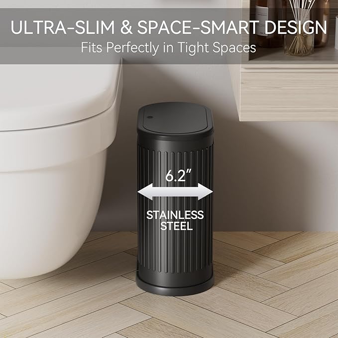 Small Bathroom Trash Can with Toilet Brush 1.6 Gallon Black Stainless Steel Garbage Can with LidSlim Wastebasket with Shower Caddy for Bathroom Bedroom