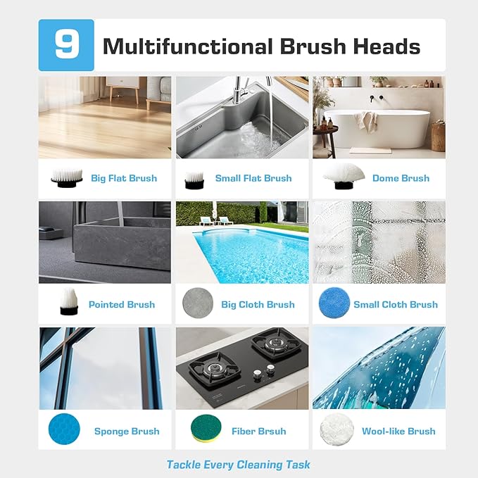 Kingwell Electric Spin Scrubber Cordless Electric Scrubber for Cleaning with 9 Brush Heads 2 Speeds3 Adjustable Handle 90Mins Work Time Shower Scrubber for Bathroom Tub FloorWhite