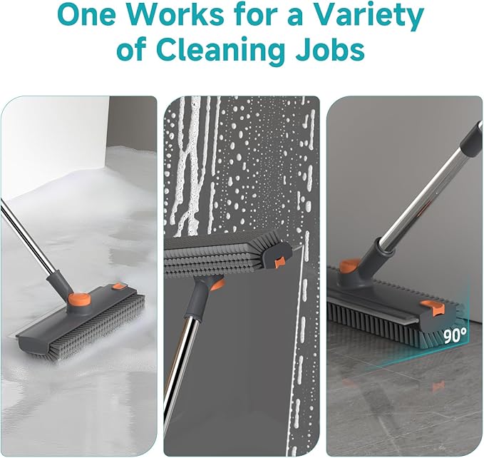 Floor Scrub Brush with Long Handle Length Adjustable 3 in 1 Heavy-Duty Stiff 90° Bristle Floor Scrubber Broom with Squeegee Cleaning Brush for Bathroom Garage Kitchen Tile Deck &amp Patio (Gray