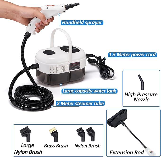 Spurgehom Handheld Steam Cleaner 15s Heat-Up 1L Tank Portable Steam Cleaner 2500W High Temperature Multipurpose Steamer for Cleaning 6 Gears Adjustable Handheld Steamer for Home White