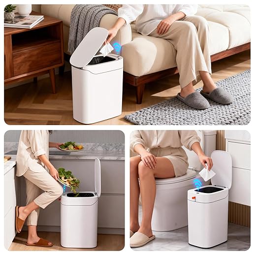 funest Bathroom Trash Can with Lid Automatic Motion Sensor Trash Can 3.5 Gallon Garbage Can Type-C Rechargeable Bag-Holding Design One-Pull Auto Packing Quiet-Close Hinge for Bedroom Office