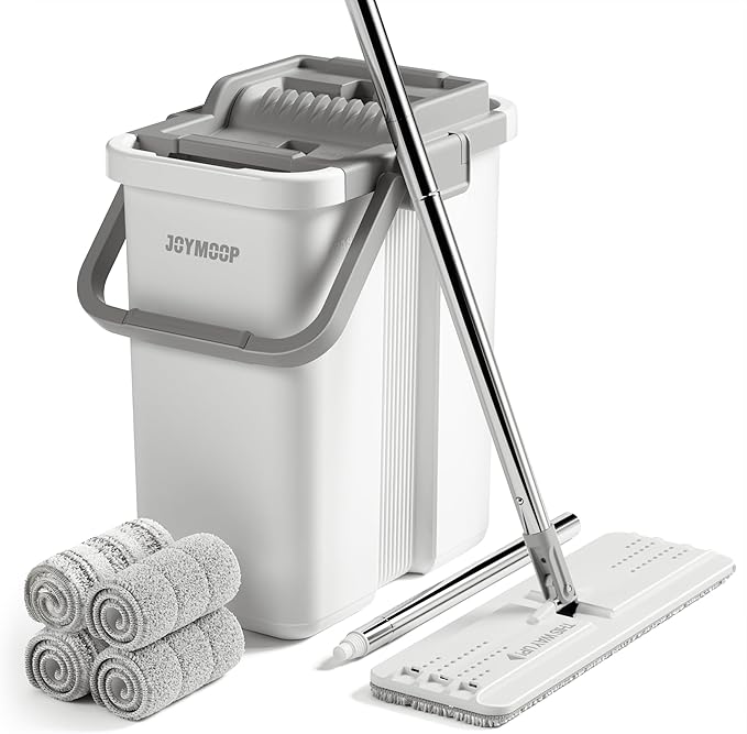 JOYMOOP Mop and Bucket with Wringer Set Flat Squeeze Mop Flat Head Dust Mops for Wall Cleaner with Long Handle Hands-Free Microfiber Mops for Floor Cleaning - White