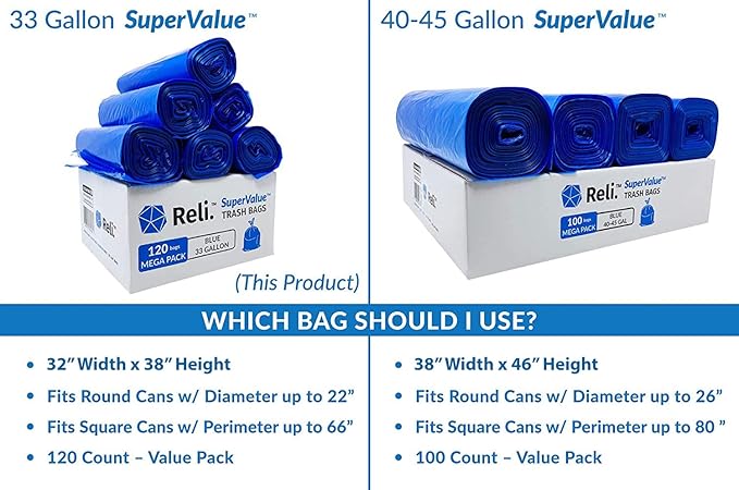 Reli. SuperValue 33 Gallon Recycling Bags (120 Count) Made in the USA - Blue Trash Bags 30-33 Gallon | Recycling Garbage | 33Gal with 30Gal - 35Gal Capacity