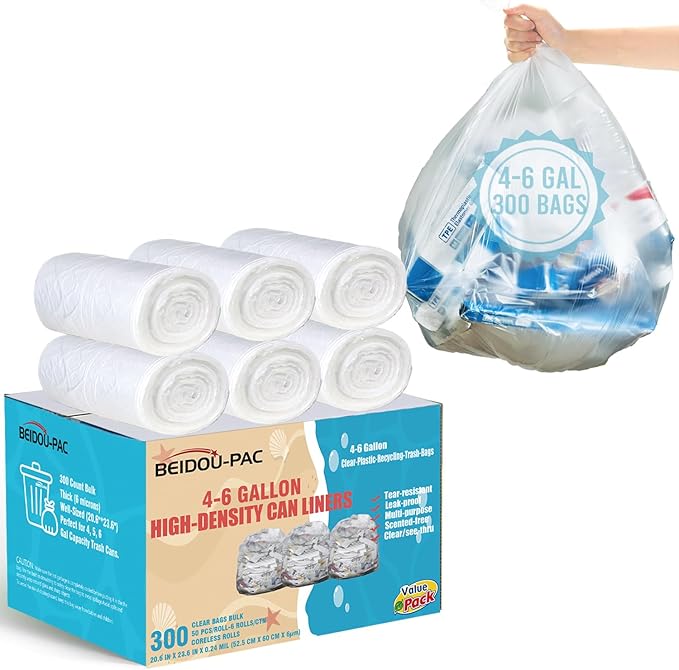 4-6 Gallon Trash Bags 300 Count Unscented Clear Plastic Recycling Bags