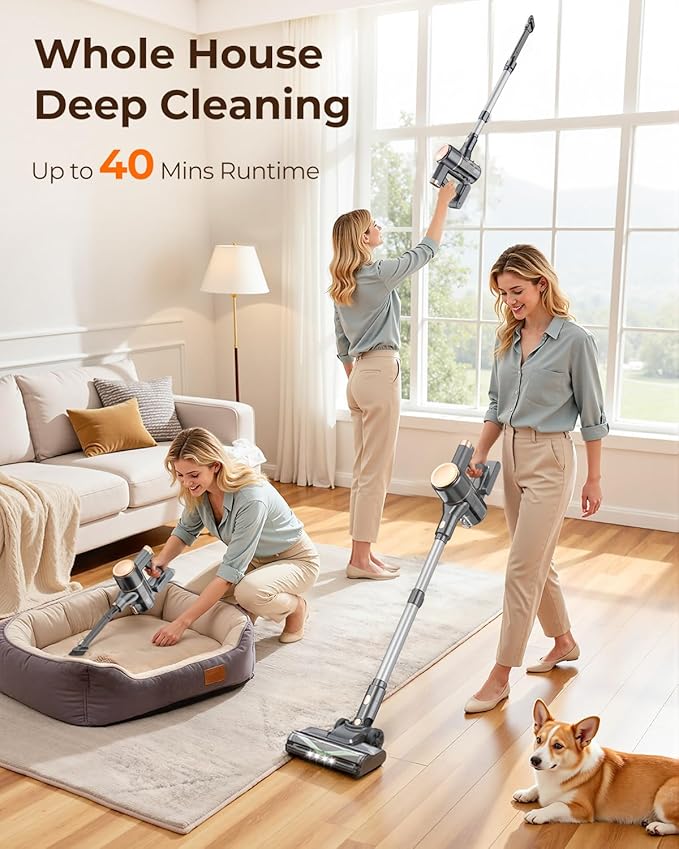N8 Cordless Vacuum CleanerLightweight Stick Vacuum with Powerful Suction2200mAh Battery40 Mins RuntimeSelf-StandingRechargeable Vacuum Cleaners for Home Hardwood Floor Carpet Pet Hair (Gold)