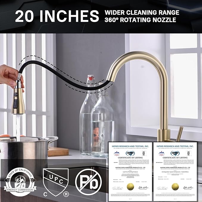 WEWE Gold Kitchen Faucet with Pull Down Sprayer Single Handle Brushed Gold Kitchen Sink Faucets Stainless Steel Brass Copper Commercial RV 1 or 3 Hole Champagne Bronze