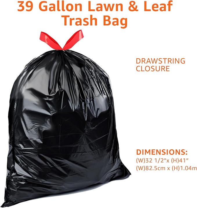Amazon Basics 39 Gallon Lawn &amp Leaf Heavy Duty Drawstring Trash Bags20% Post Consumer RecycledBlack(Pack of 160)