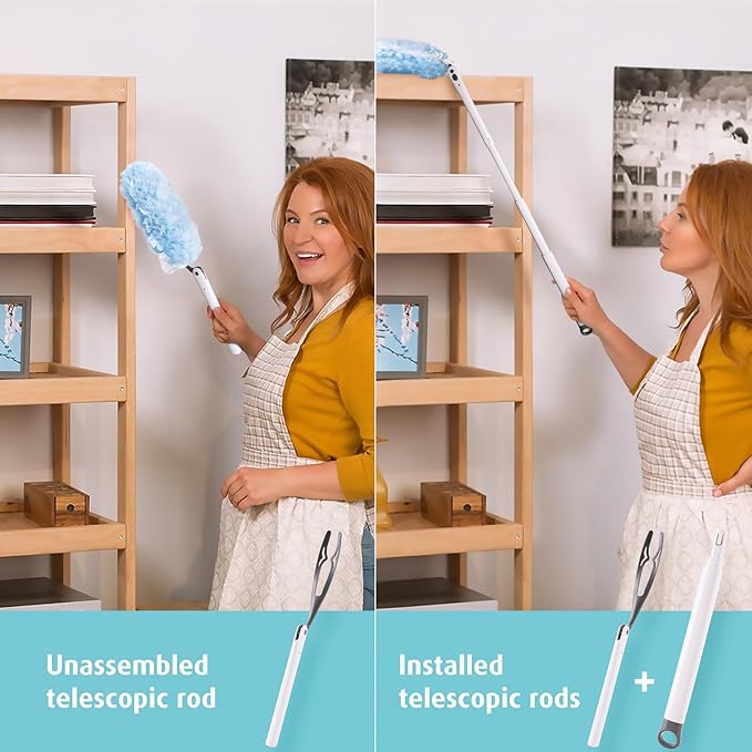 60 Count Heavy Duty Duster Refills with Two 3 ft Extendable Handle Starter Kit Compatible with Swiffer Disposable Microfiber Feather Dusters for Cleaning Home