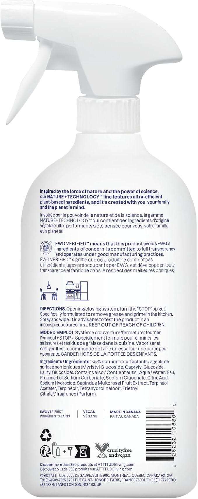 ATTITUDE Kitchen Cleaner Spray EWG Verified Powerful Degreaser Cuts Grease &amp Grime Plant-Based &amp Vegan Citrus Zest Scent 27.1 Fl Oz (Pack of 6)