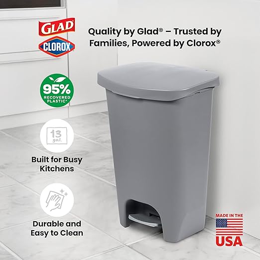 Glad Kitchen Trash Can | Large Plastic Waste Bin with Odor Protection of Lid | Hands Free with Step On Foot Pedal and Garbage Bag Rings 13 Gallon Grey