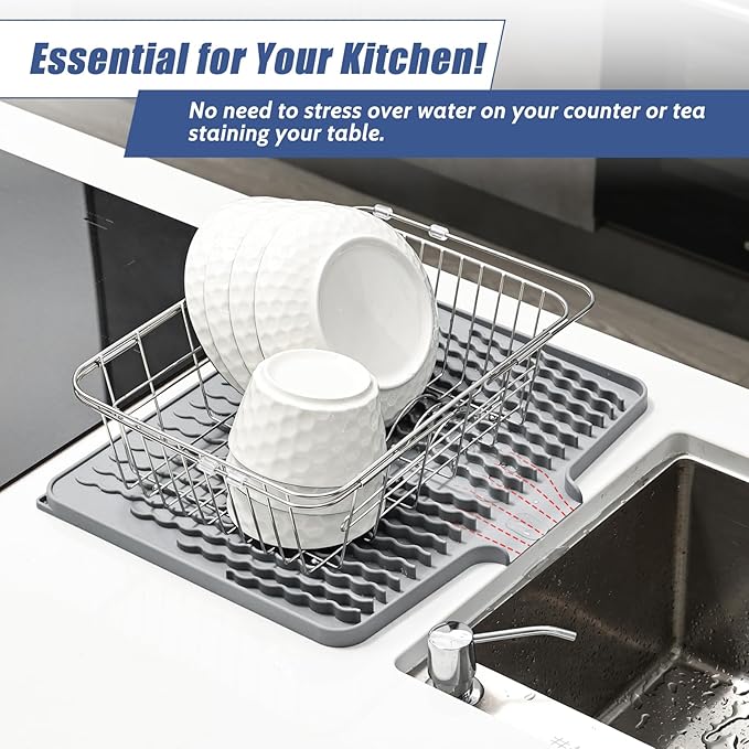 Silicone Dish Drying Mat for Kitchen Counter Heat-resistant Dish Dryer Mat with Built-in Drain Lip Drain Pad Protects Surfaces Prevents Water Build UP