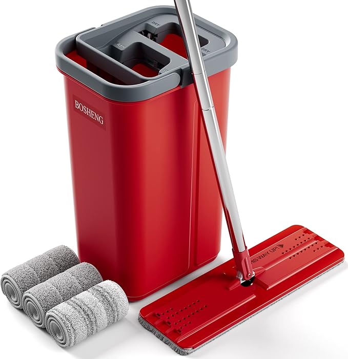 Mop and Bucket with Wringer Set Flat Mop and Bucket Squeeze Floor Mop with 3 Washable Microfiber Mops Wet and Dry Use Household Cleaning Tools for Hardwood Floor Laminate Tile