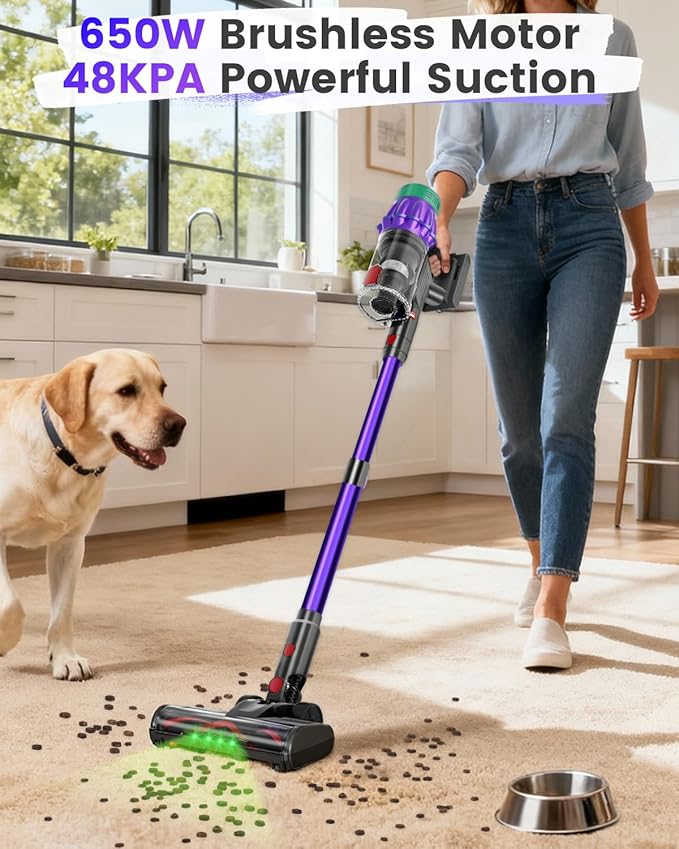 Cordless Vacuum Cleaner 650W 48KPA 60Min Wireless Vacuum for Home Stick Vacuum with Green Light Anti-Tangle Rechargeable Vacuum Cleaners for Pet Hair Carpet Hard Floors （Purple）