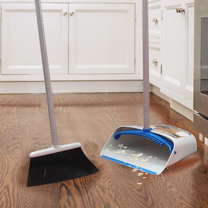 TreeLen Long Handle Broom and Dustpan SetUpright Dust Pan Combo for Home Kitchen Room Office Lobby Floor Use Without Bending