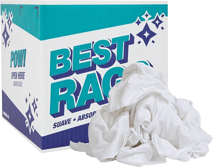 Arkwright Premium T-Shirt Rags Bulk 5 lb Box Cotton Cleaning Towels Low Lint Knit Wiping Cloths for Paint Stain Grease Shop and Auto Use Quick Dry Machine Washable White