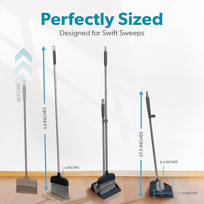 BLACK+DECKER Butler Broom &amp Dustpan Set - Stand-Up Design - Lightweight Space-Saving Combo for Kitchen Living Room Bathroom Lobby Floors - Home Cleaning Essential Black/Grey