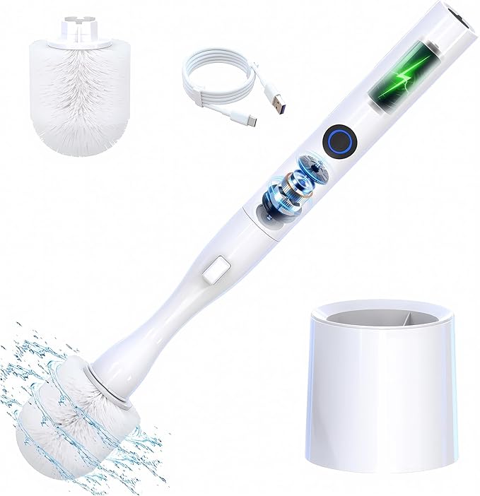 Electric Toilet Brush HKFIF Toilet Brush and Holder Set 360 Degree Powerful Cleaning Easily Eliminate Stains and Residue 2 Speeds Rechargeable Motorized Toilet Scrubber (White)