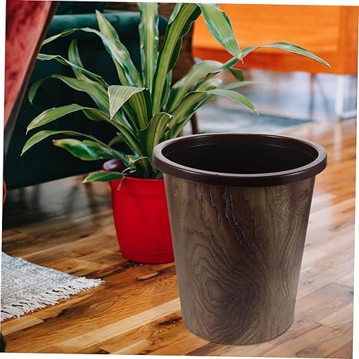 PRETYZOOM Wood Grain Trash Can Round Plastic Wastebasket Press Versatile Garbage Container for Kitchen Bathroom Office Bedroom and Hotels